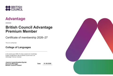 Certyfikat British Council Advantage Premium Member 2026–27 wystawiony dla College of Languages